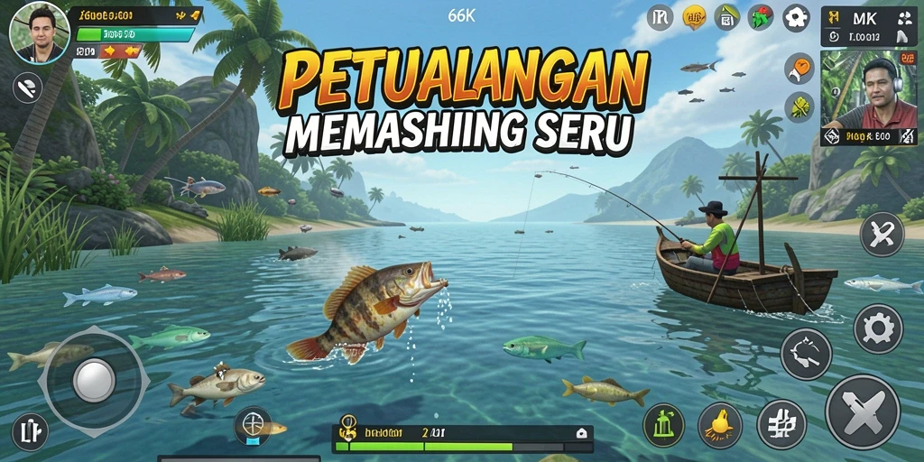Tampilan gameplay 66K saat pemain memancing di lokasi yang indah.