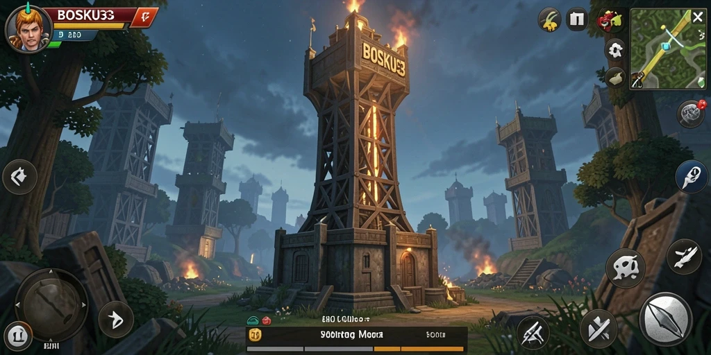Screenshot gameplay BOSKU33 menampilkan menara pertahanan melawan gelombang musuh.