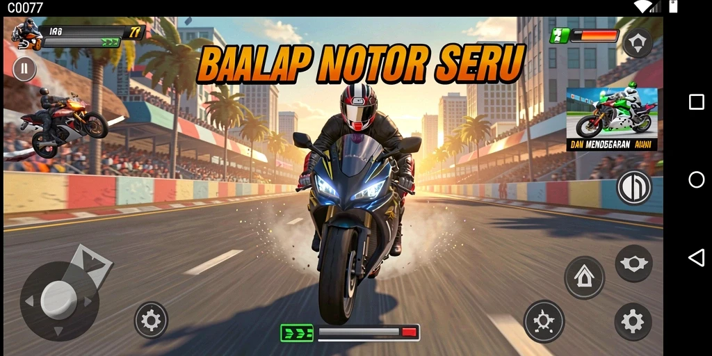 Tampilan gameplay mendebarkan dari game balap motor C0077.