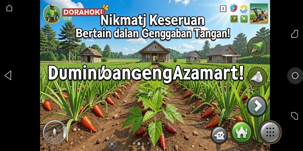 Screenshot gameplay DORAHOKI menampilkan ladang yang luas dengan tanaman subur dan hewan ternak.