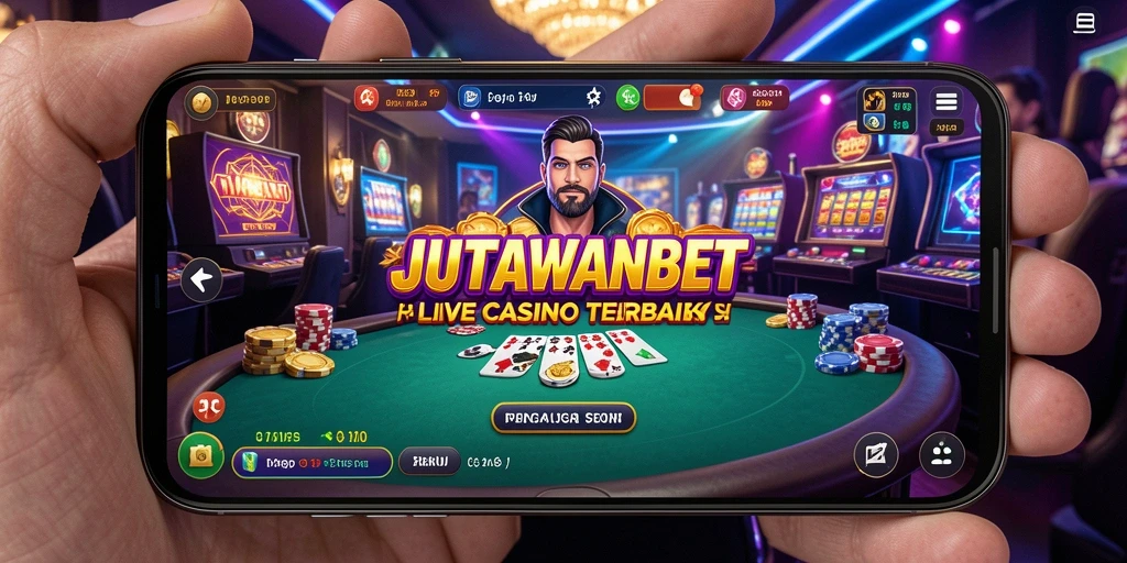 Screenshot gameplay JUTAWANBET menampilkan dealer langsung dan suasana kasino yang seru.