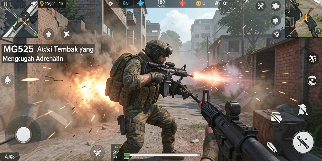 Gameplay MG525 dengan pertempuran FPS yang mendebarkan.