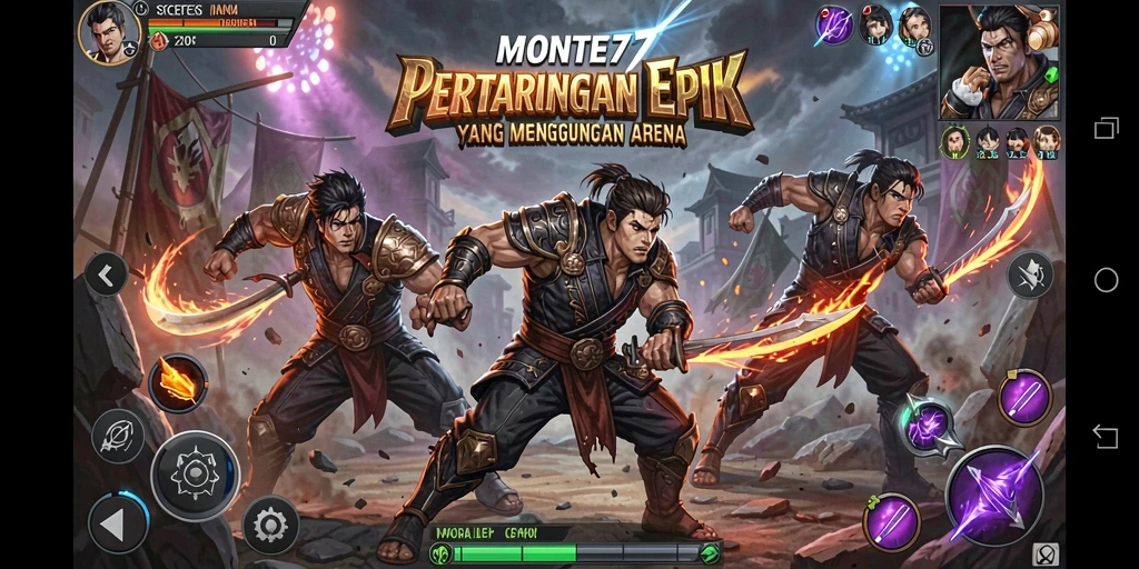 Tampilan gameplay <strong>MONTE77</strong> memperlihatkan pertarungan sengit dengan karakter beragam.