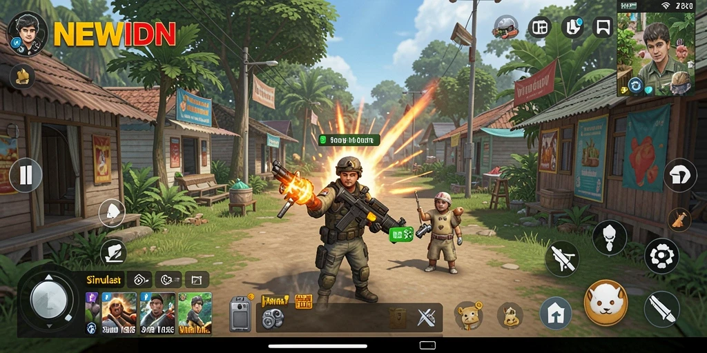Screenshot menunjukkan gameplay interaktif NEWIDN dengan karakter dan lingkungan yang hidup.