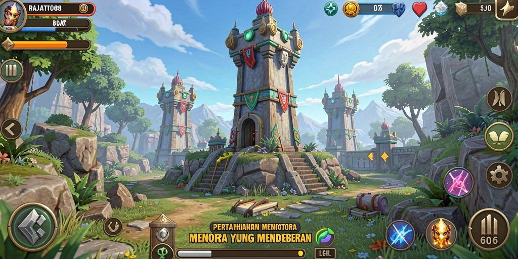 Screenshot gameplay RAJATOTO88 menunjukkan pertahanan yang strategis dan menegangkan.
