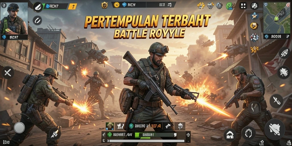 Screenshot RICH7 menampilkan aksi mendebarkan di medan perang Battle Royale.