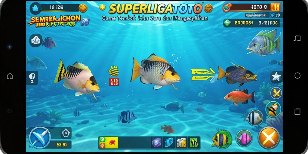 Tampilan gameplay <strong>SUPERLIGATOTO</strong> saat menembak ikan yang berwarna-warni.
