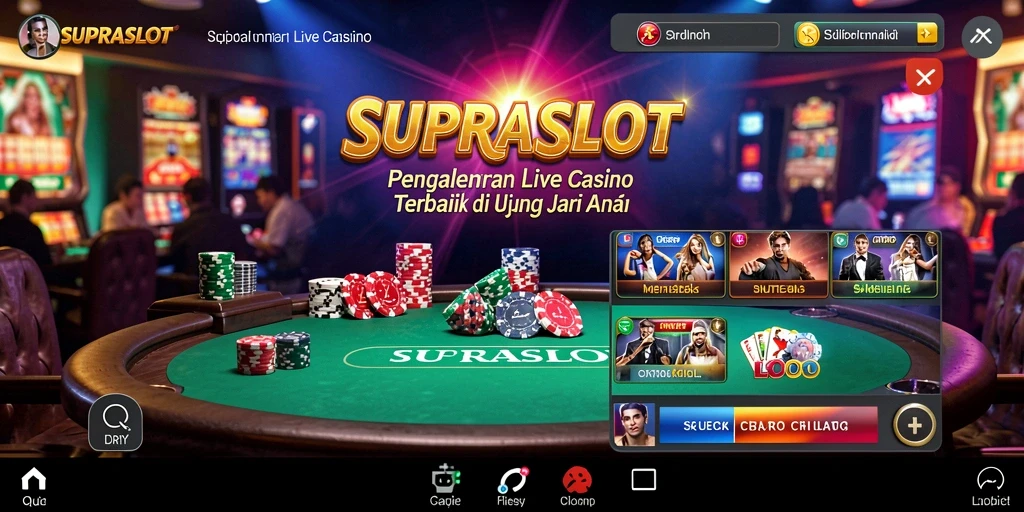 Screenshot gameplay SUPRASLOT menampilkan dealer langsung dan suasana kasino yang nyata.