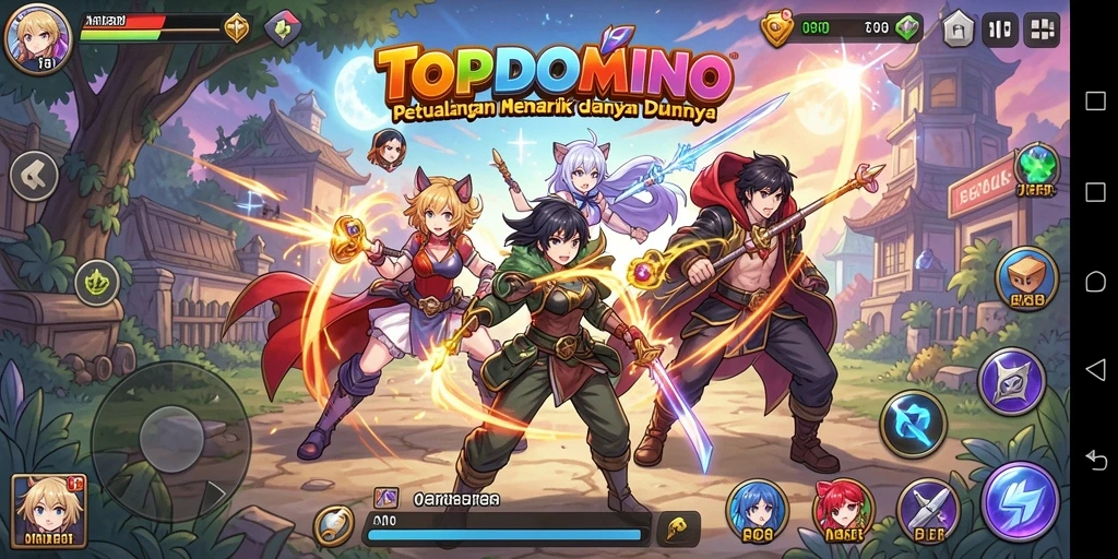 Screenshot utama menunjukkan aksi seru karakter Anime dalam TOPDOMINO.